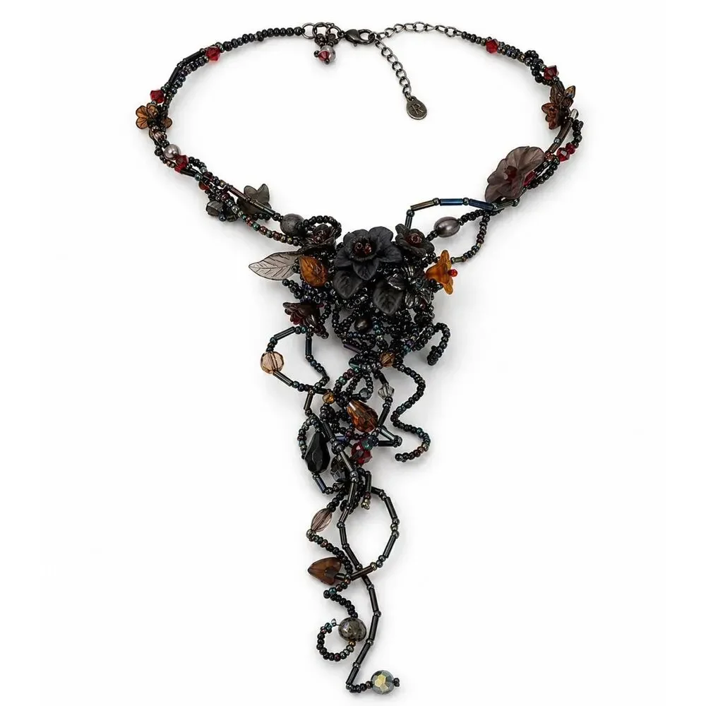 Vintage Artisan Wearable Art Beaded Floral Necklace Gunmetal Boho Gothic - Picture 1 of 8